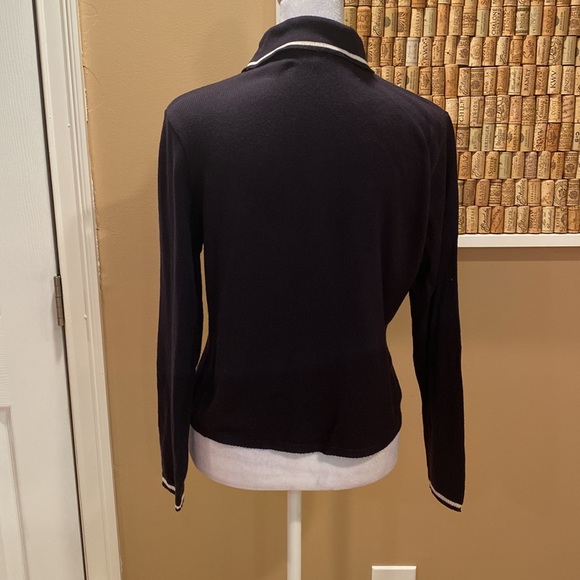 Ann Taylor Black Button Down Cardigan with White Stripes on Collar and Cuffs - Picture 6 of 15